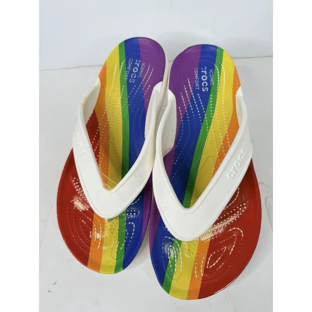Crocs Iconic Comfort Rainbow Flip Flops White Men's Size 11 Pride‎ Sandals